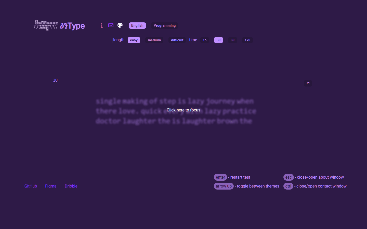 The EnType typing interface, with selectors for language, length and time above a line of words waiting to be typed.