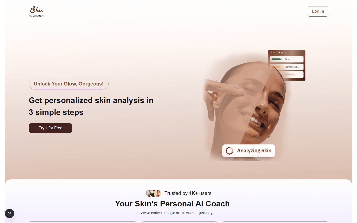 The Skin Analysis landing page, headed Unlock Your Glow, Gorgeous, with a three-step summary reading answer three quick questions, take a photo of your face, unlock your skin report.