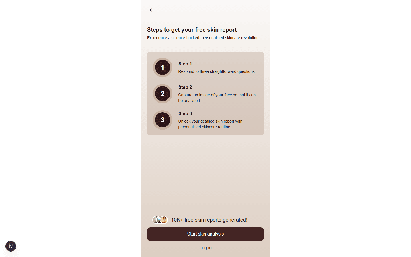 The question flow, headed Steps to get your free skin report, with the three numbered steps laid out in order.