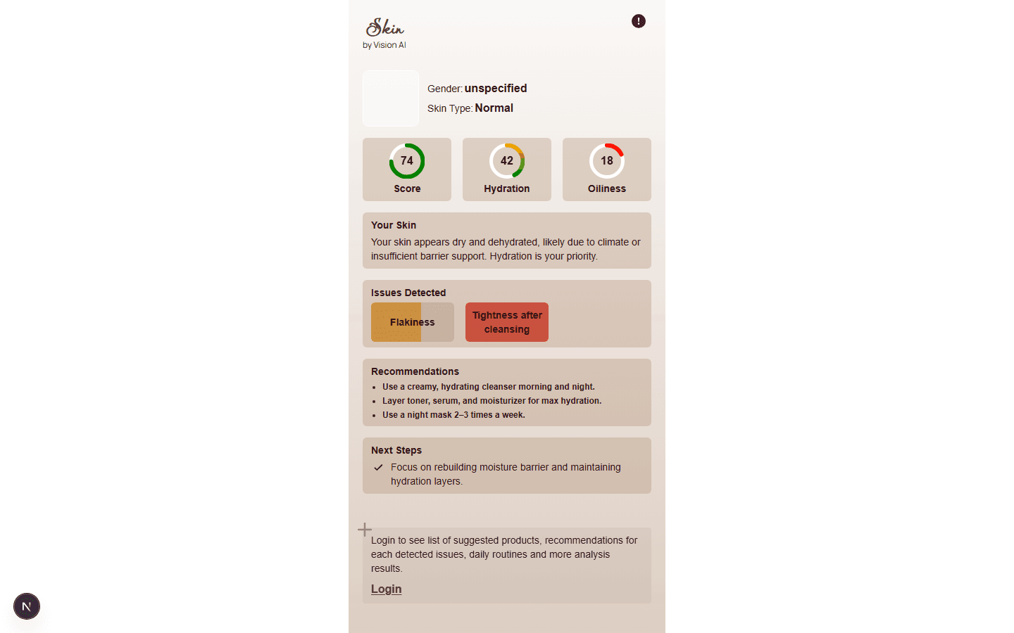 The result screen: three scored rings reading 74 Score, 42 Hydration and 18 Oiliness, a summary paragraph, a row of detected issues, a list of recommendations, a next step, and a panel offering more detail behind a login.
