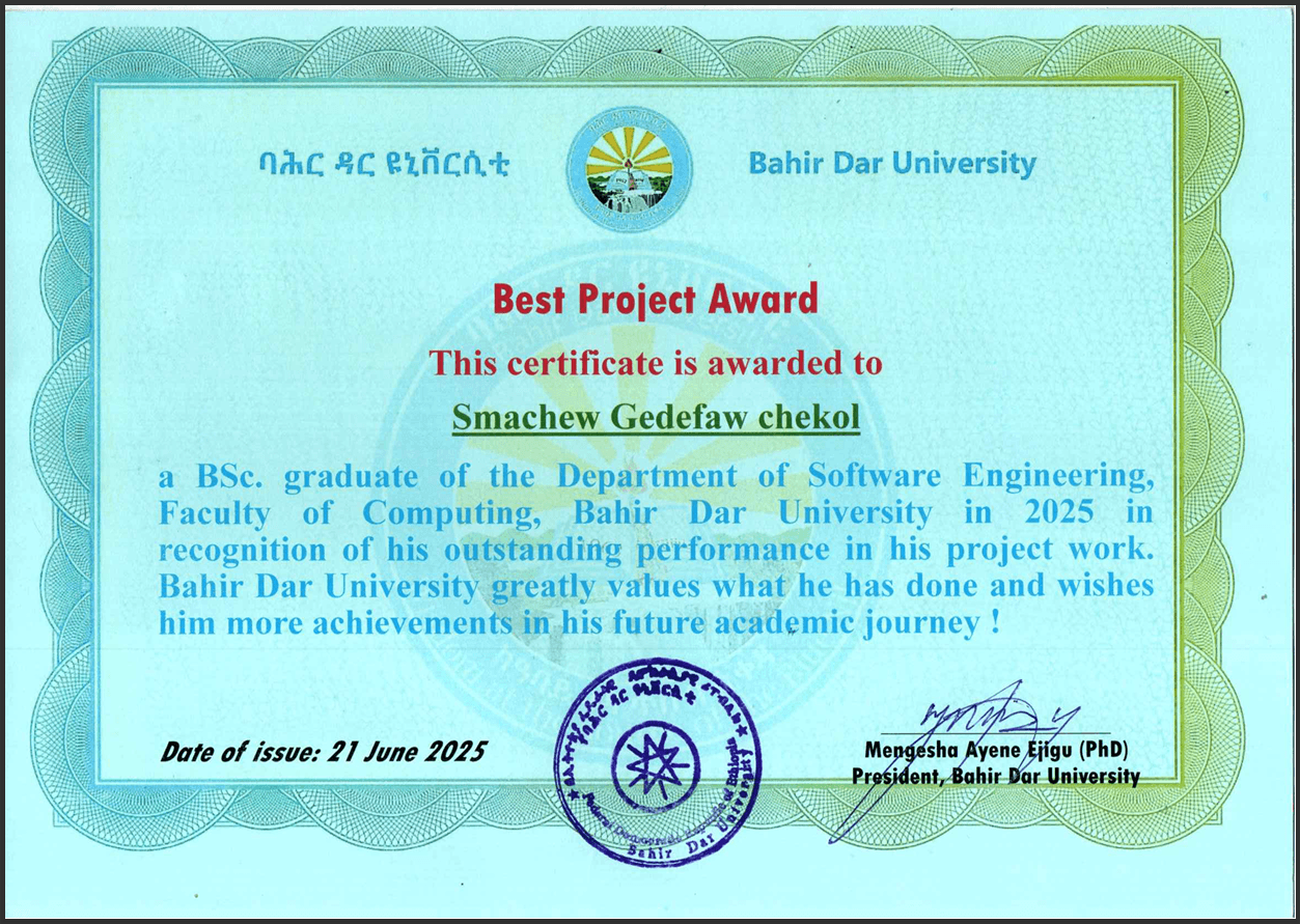 Certificate for the Best Project Award 2025, issued by Bahir Dar University.