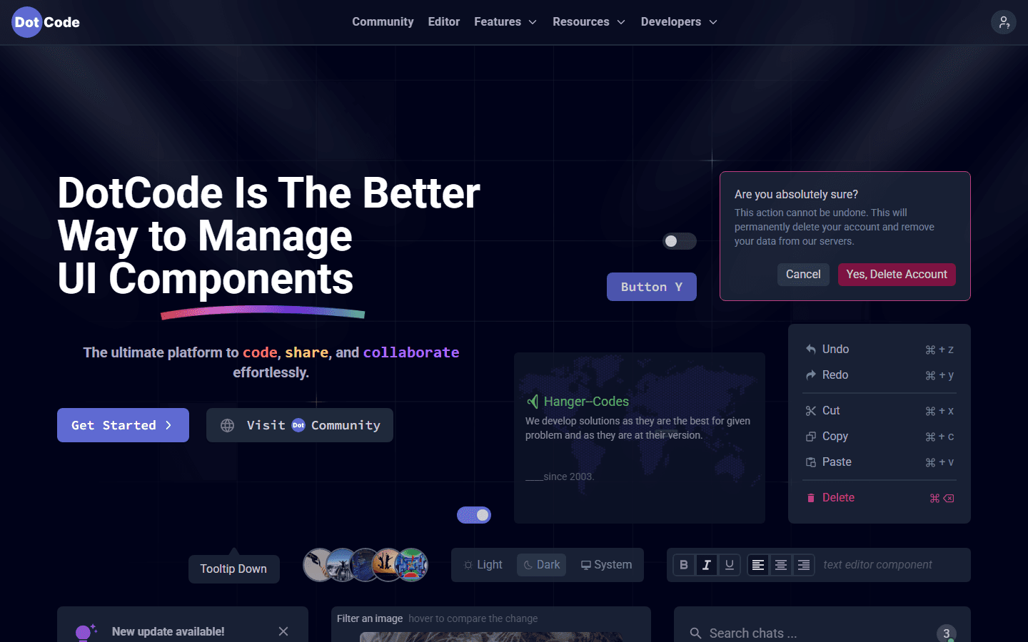 The DotCode landing page, headed DotCode Is The Better Way to Manage Code Snippets, with Get Started and Visit Community controls, a navigation bar reading Community, Editor, Features, Resources and Developers, and a scattering of interface components displayed around it.