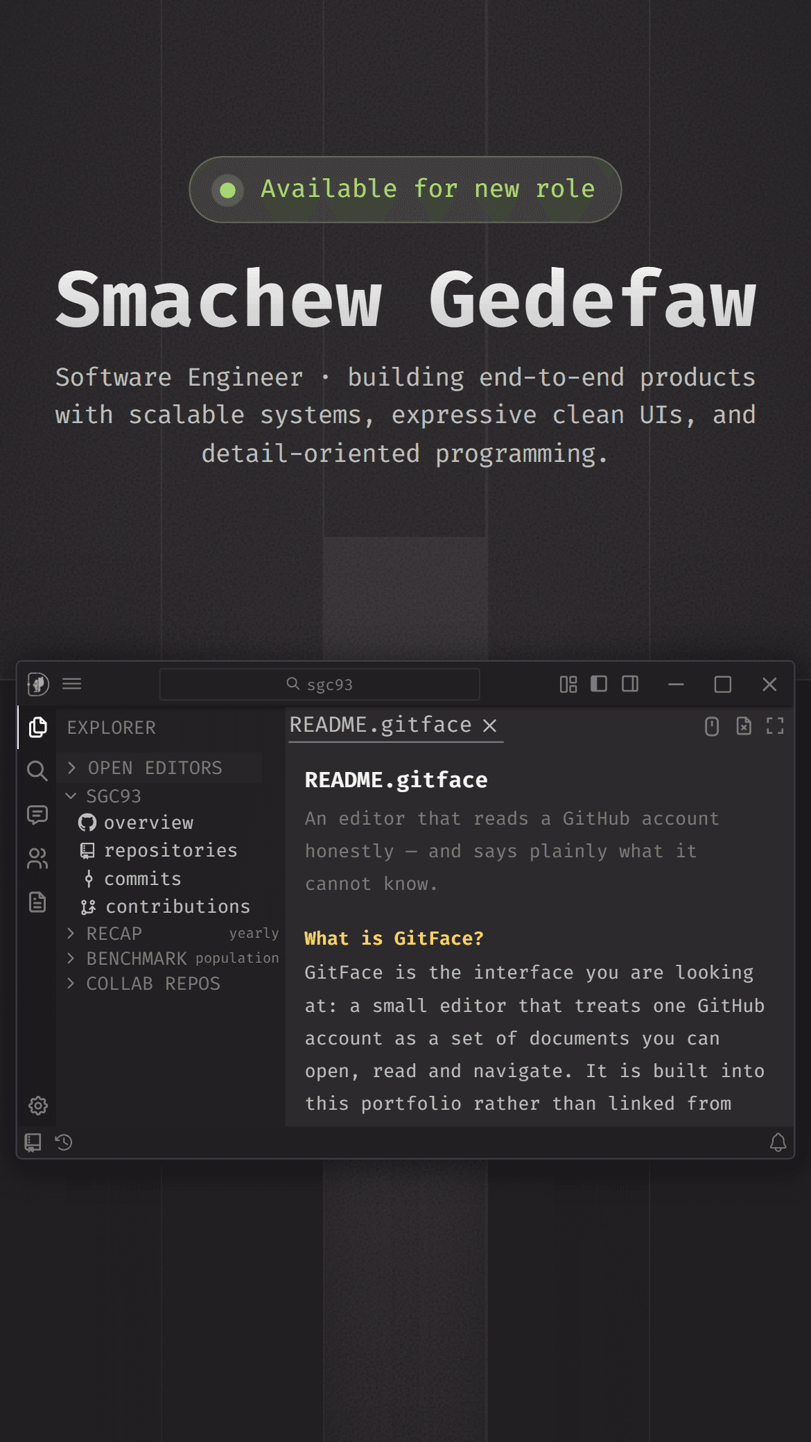 The same GitFace editor at a phone-width viewport, sitting below the page heading, with the explorer and the open README document stacked into the narrower column.