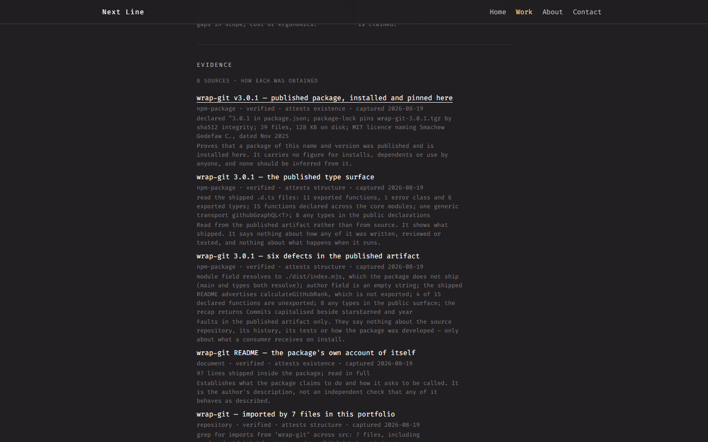 The evidence section of the wrap-git case study, expanded. Each source lists its kind, its confidence, what it attests, the date it was captured, the command that produced it, and a note about what it does not prove.