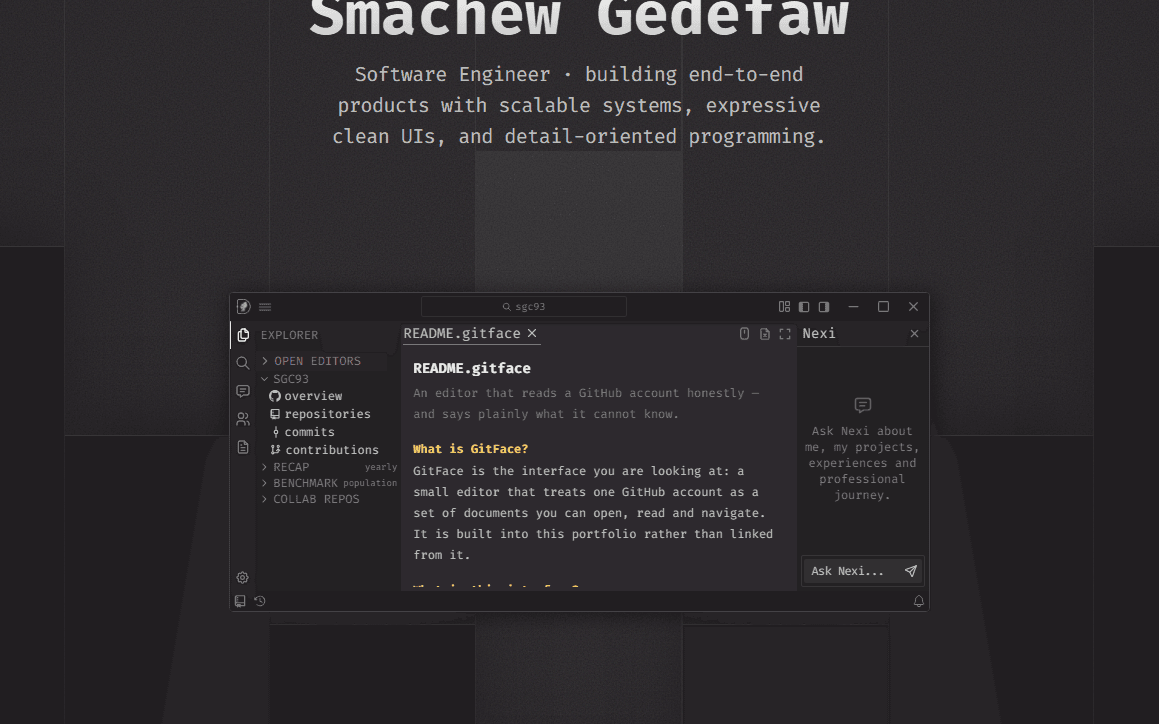 The GitFace editor window sitting inside the Next Line home page, with the page's own background visible around it.