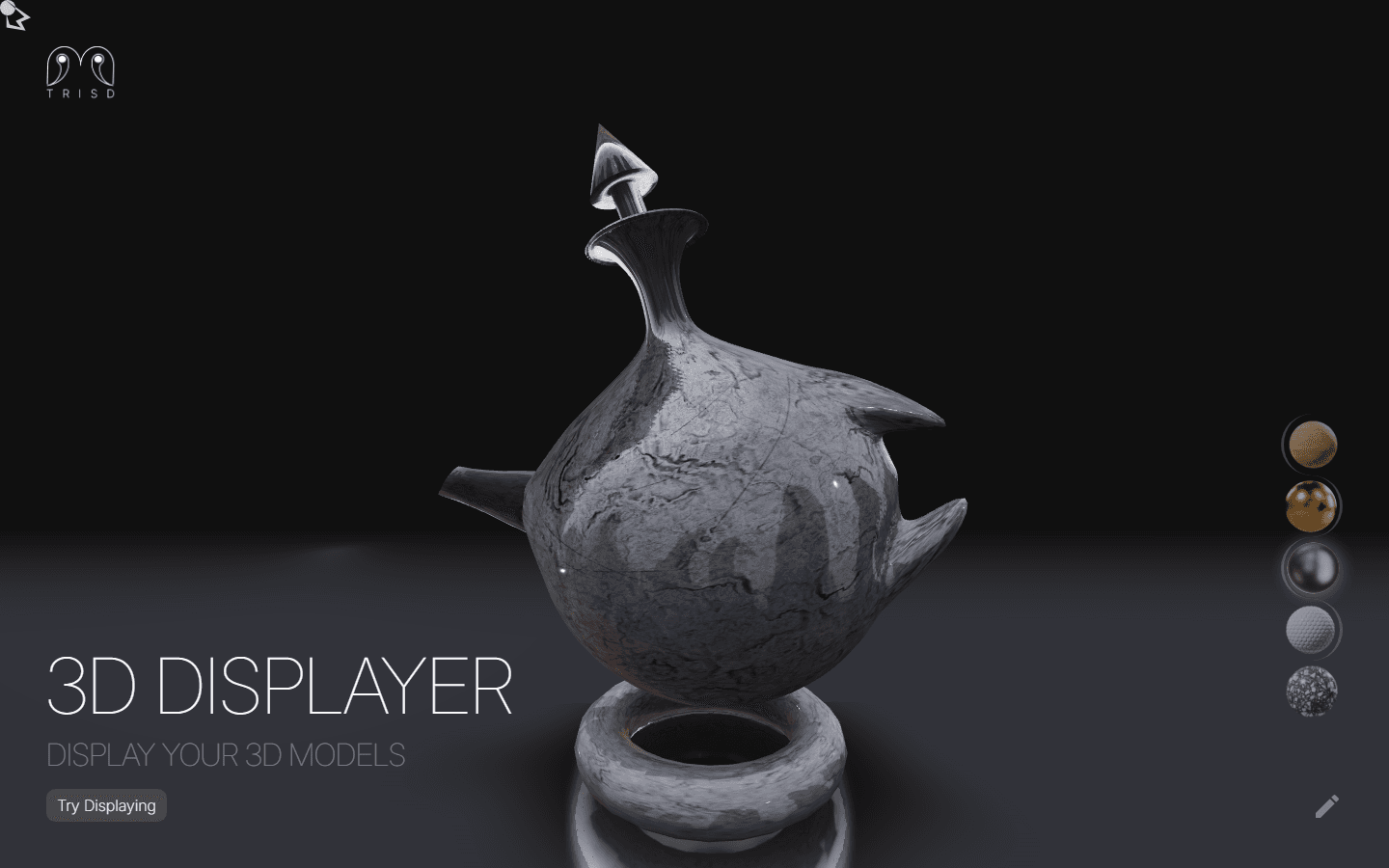 The TrisD displayer: a three-dimensional model rendered against a dark background under the words 3D Displayer, display your 3D models, with a vertical column of material swatches down the right-hand side.