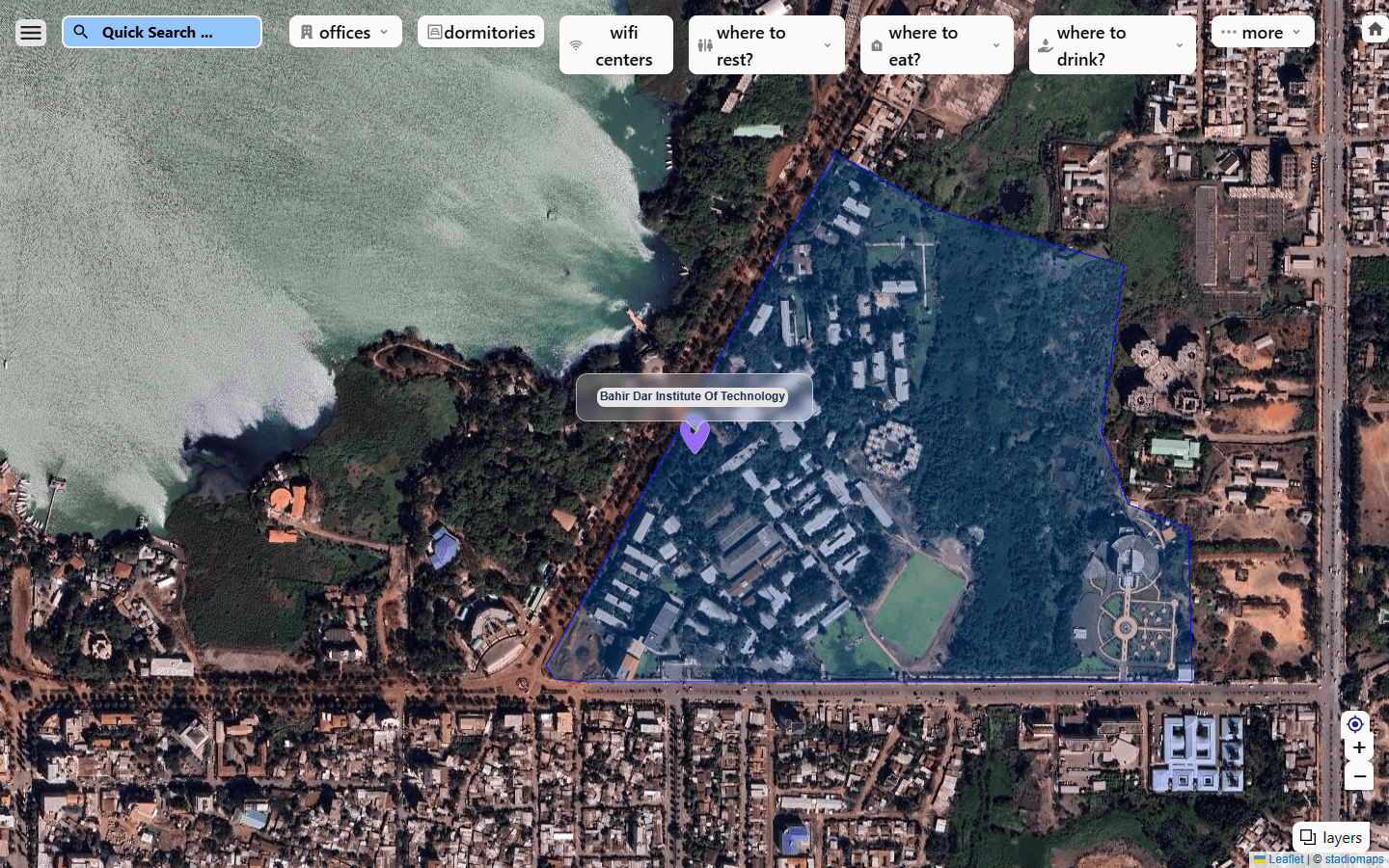 The campus map on satellite imagery, with the institute's boundary drawn as a shaded polygon, a labelled marker on it, a quick-search field, and category filters reading offices, dormitories, wifi centers, where to rest, where to eat and where to drink.